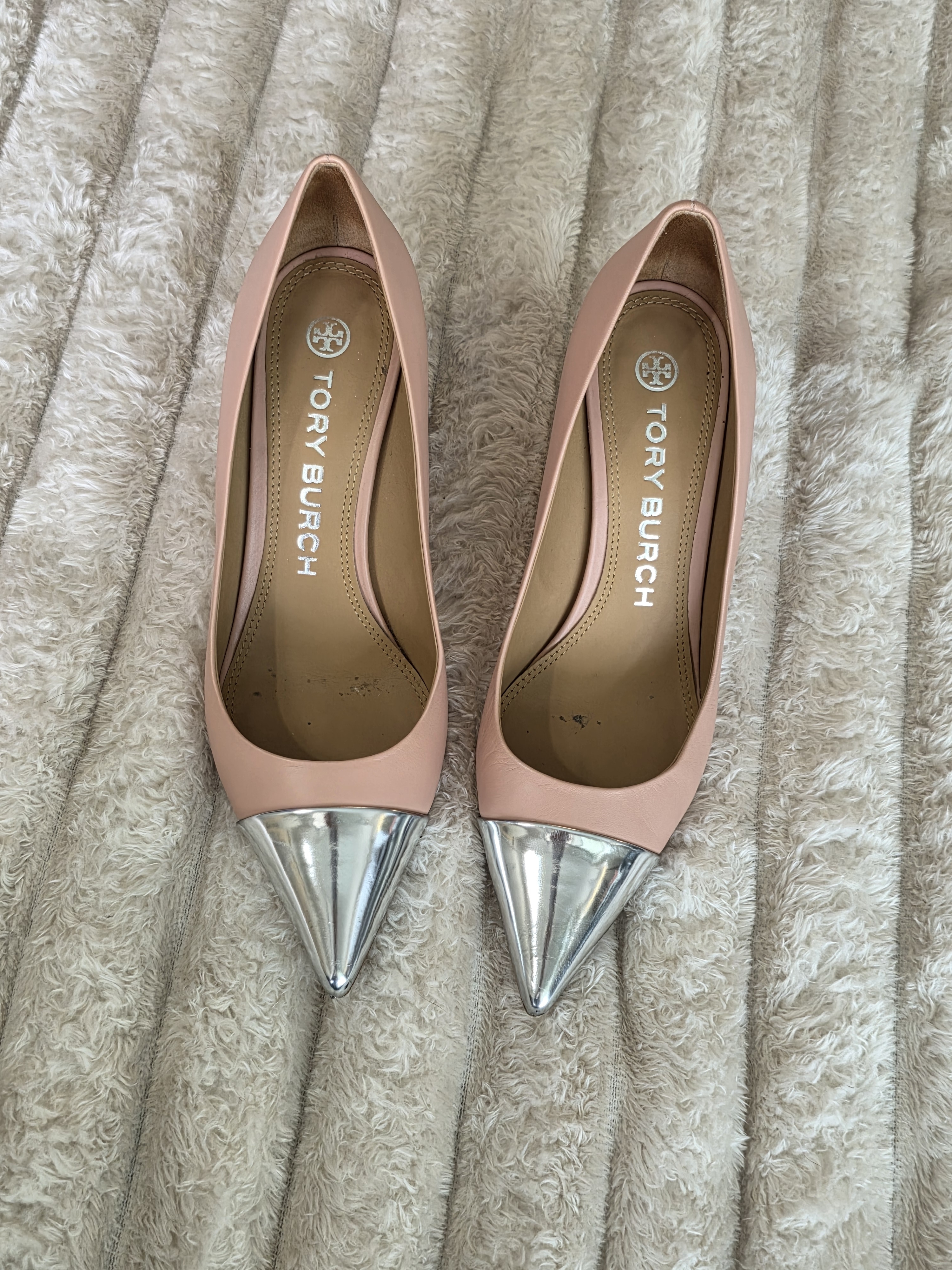 Tory Burch Blush Pink Pointed Toe Flats With Silver Caps